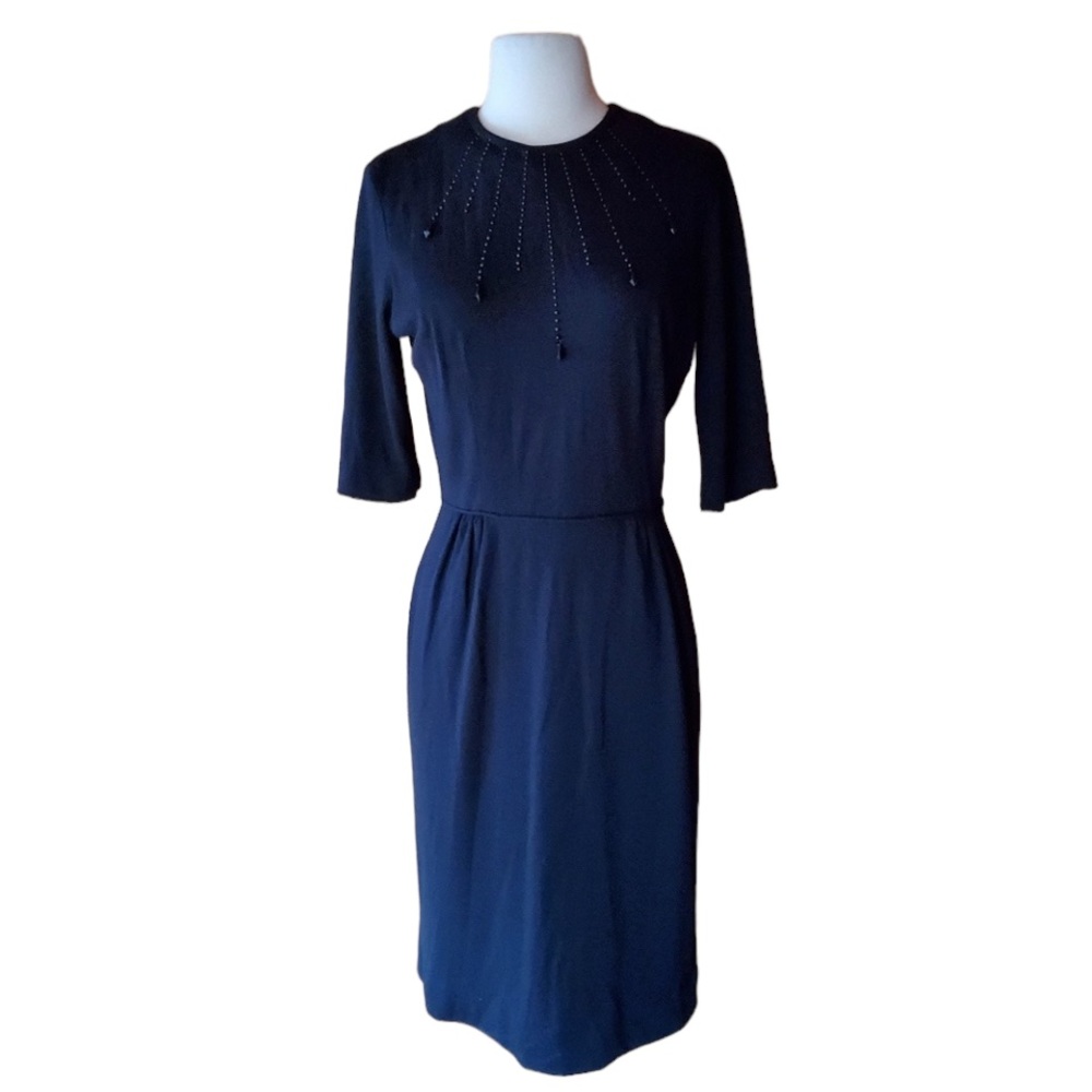 1950s Ricci Originals Black Knit &‎ Beaded Wiggle D